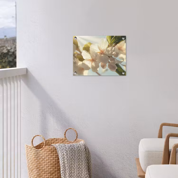 Bloesems - Wit - Zonnestralen - Bloemblaadjes tuinposter los doek klein -sfeer8