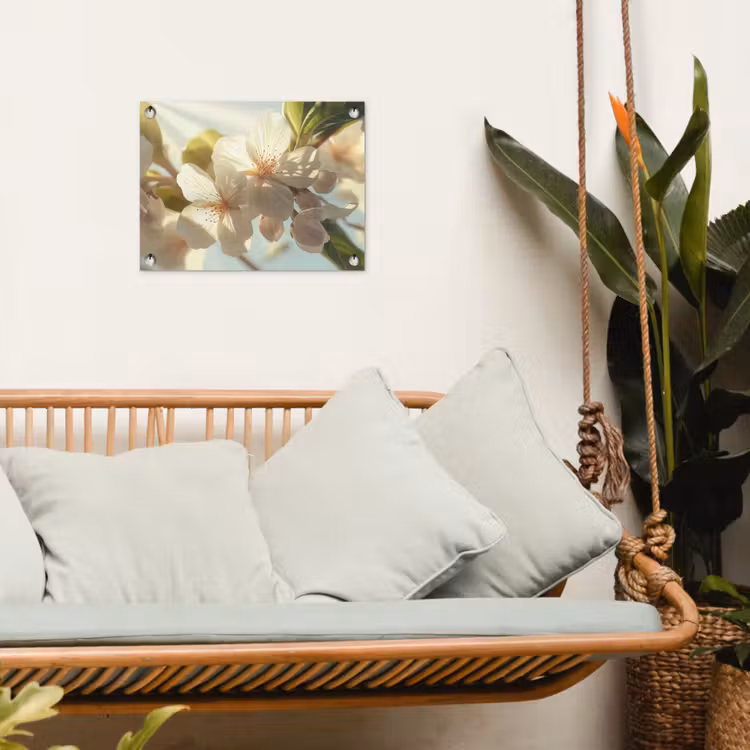 Bloesems - Wit - Zonnestralen - Bloemblaadjes tuinposter los doek klein -sfeer7