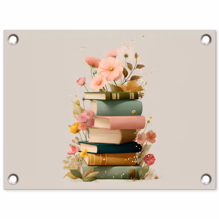 Boeken - Stapel - Bloemen - Kleurrijk tuinposter los doek klein -3d