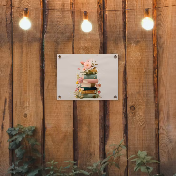 Boeken - Stapel - Bloemen - Kleurrijk tuinposter los doek klein -sfeer1