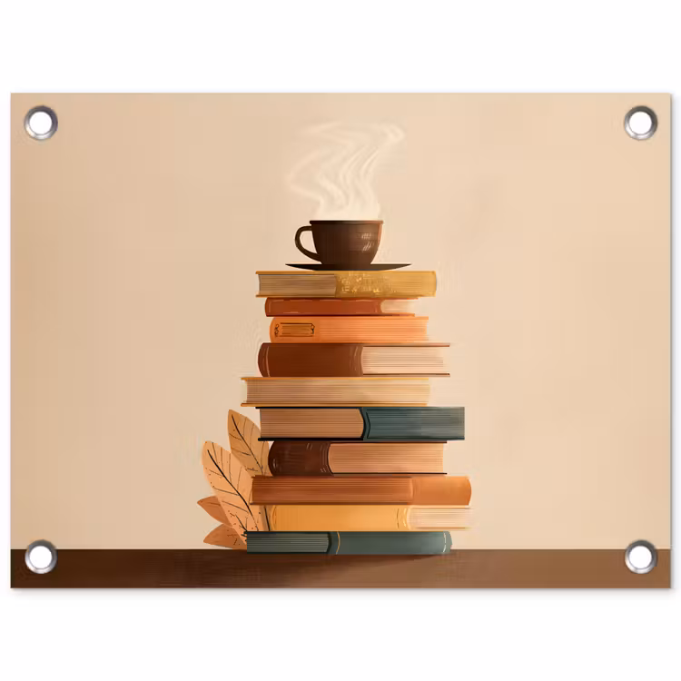 Boeken - Toren - Koffie - Beige tuinposter los doek klein -3d