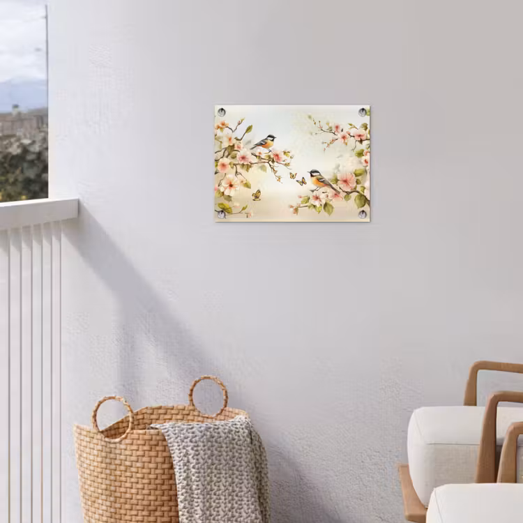Takken - Bloemen - Vogeltjes - Roze tuinposter los doek klein -sfeer8