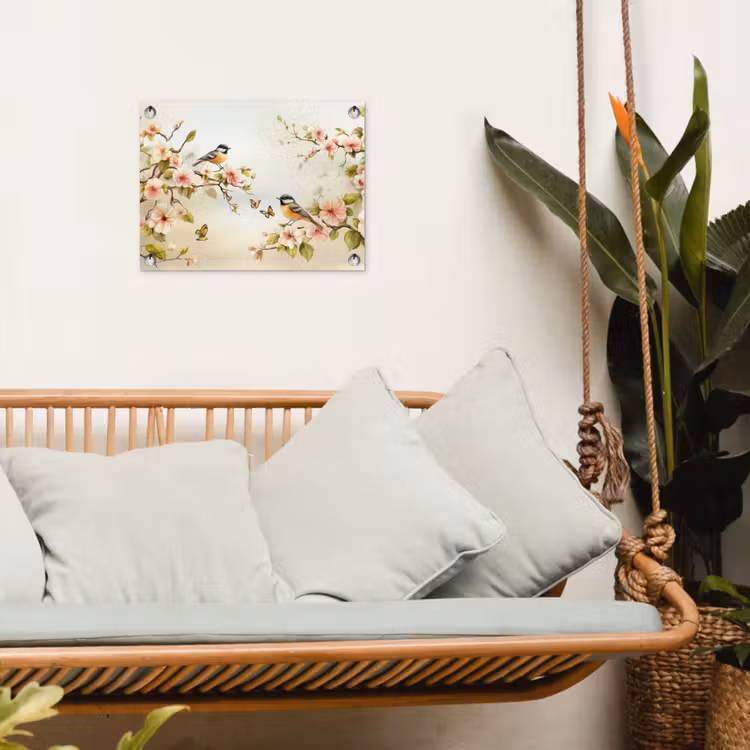 Takken - Bloemen - Vogeltjes - Roze tuinposter los doek klein -sfeer7