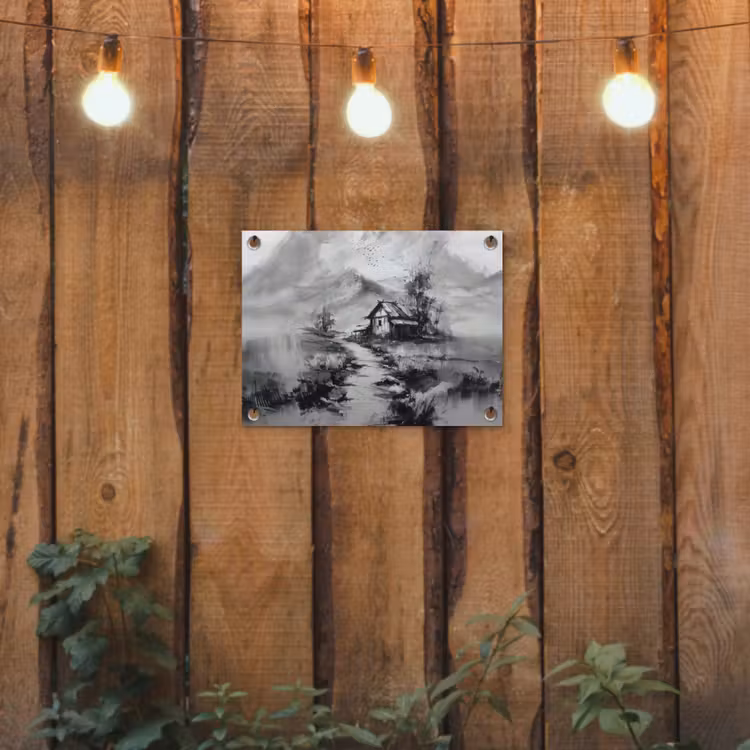 Hut - Grijs - Bergen - Mistig tuinposter los doek klein -sfeer1