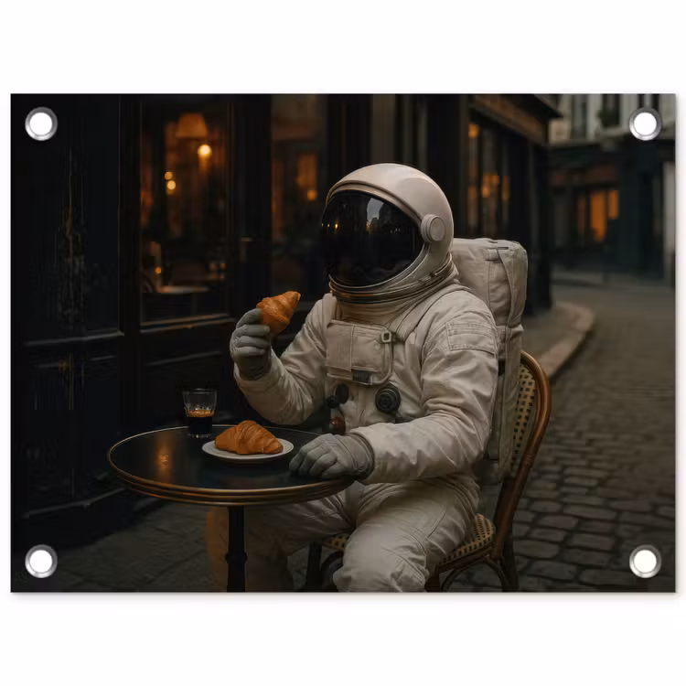 Café - Croissant - Koffie - Astronaut tuinposter los doek klein -3d