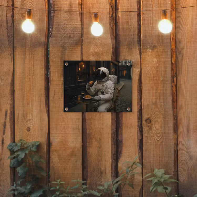 Café - Croissant - Koffie - Astronaut tuinposter los doek klein -sfeer1