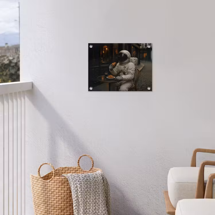 Café - Croissant - Koffie - Astronaut tuinposter los doek klein -sfeer8