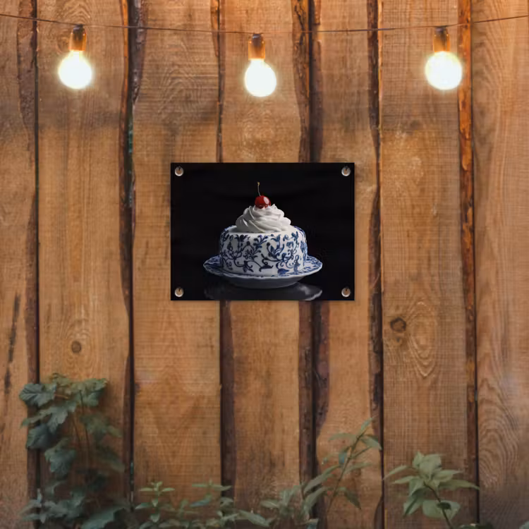 Taart - Slagroom - Kers - Bord - Delfts blauw tuinposter los doek klein -sfeer1