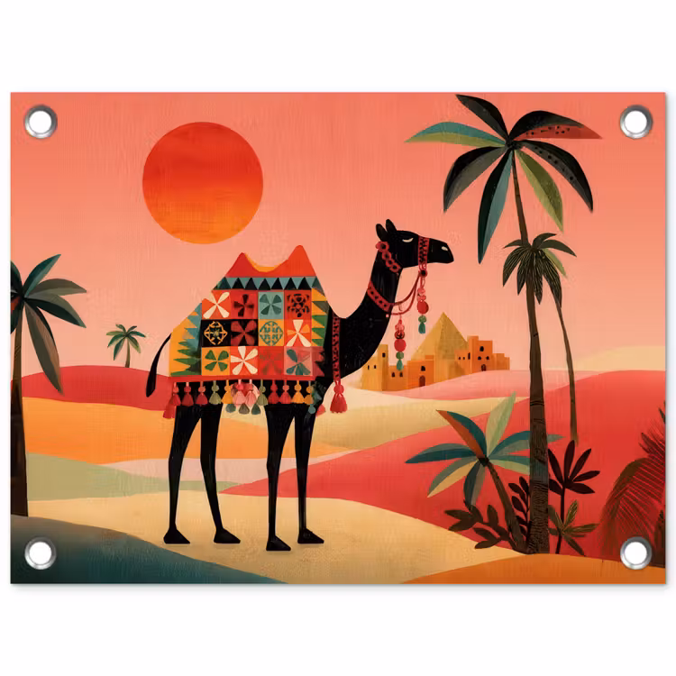 Kameel - Gekleurd tapijt - Duinen - Rode zon tuinposter los doek klein -3d