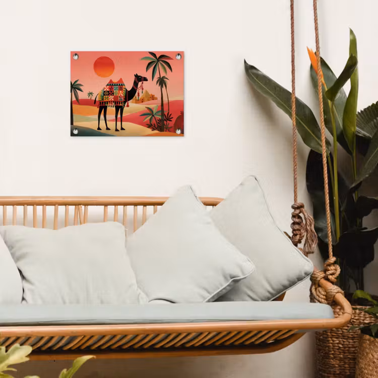 Kameel - Gekleurd tapijt - Duinen - Rode zon tuinposter los doek klein -sfeer7