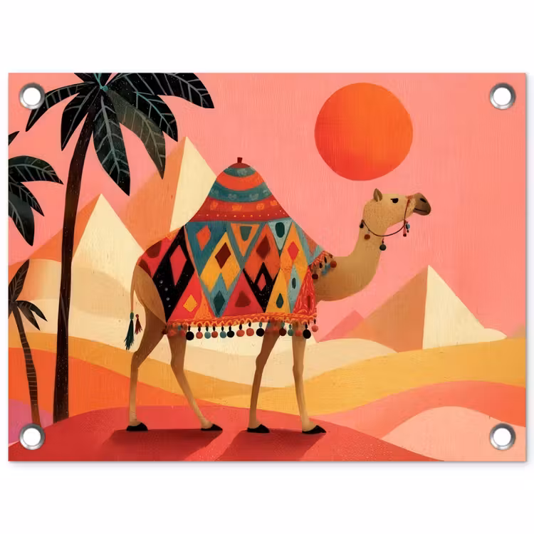 Kameel - Pyramides - Rode zon tuinposter los doek klein -3d