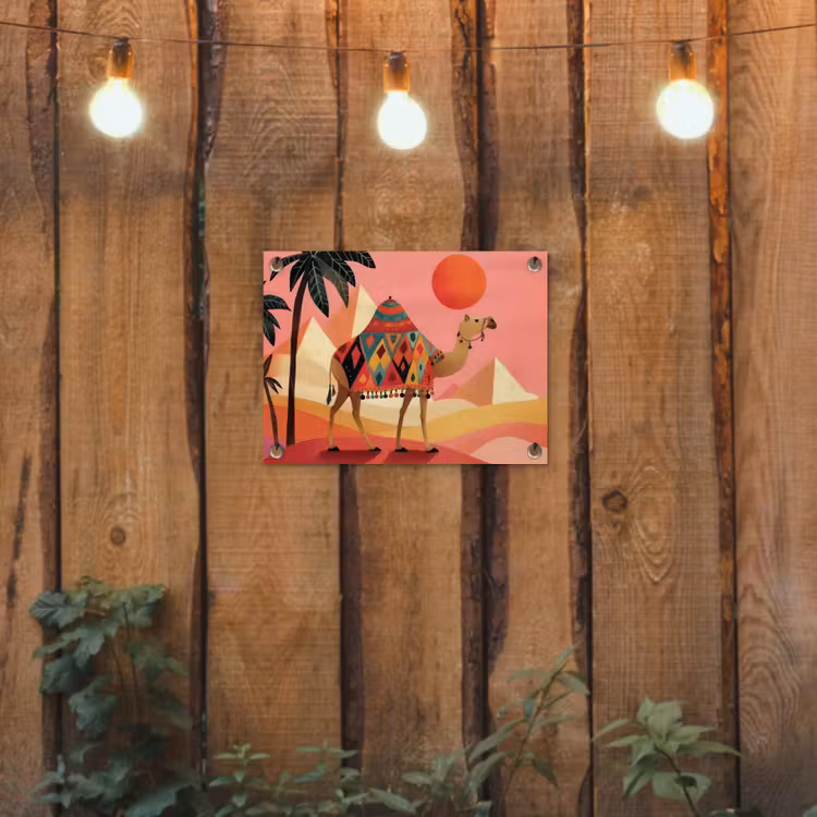 Kameel - Pyramides - Rode zon tuinposter los doek klein -sfeer1
