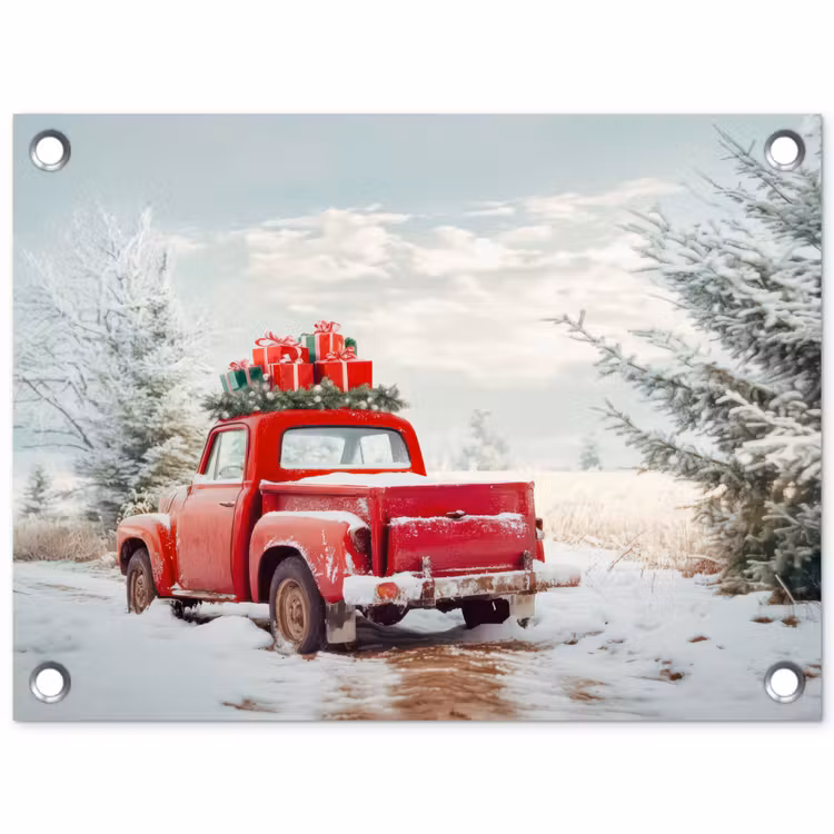 Auto - Rood - Cadeaus - Winter - Sneeuw - Kerst tuinposter los doek klein -3d