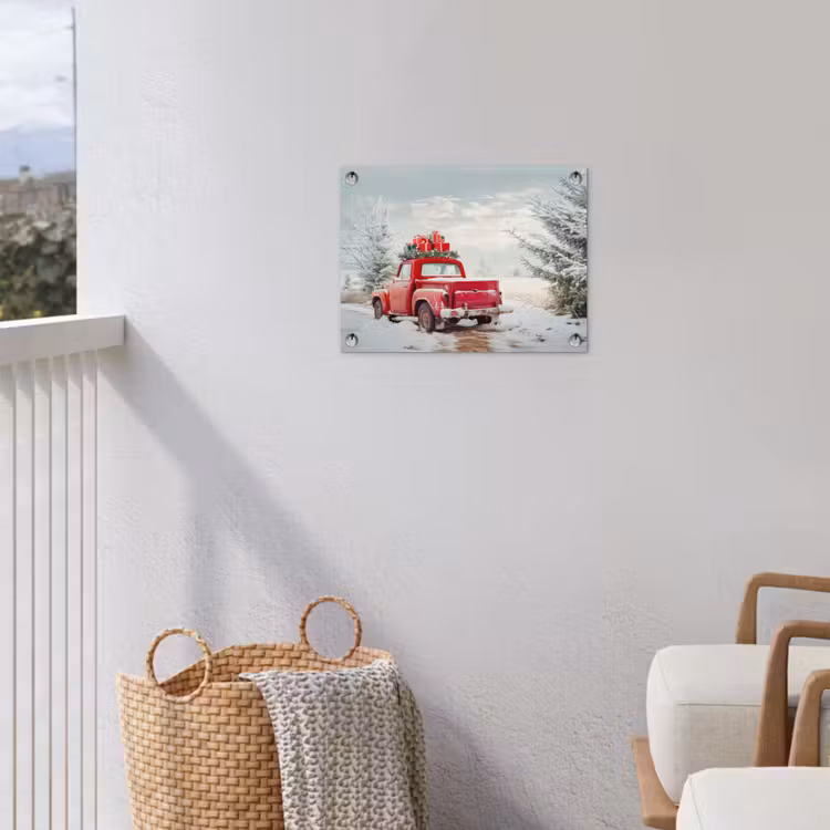 Auto - Rood - Cadeaus - Winter - Sneeuw - Kerst tuinposter los doek klein -sfeer8