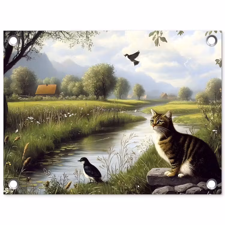 Kat - Beekje - Weide tuinposter los doek klein -3d