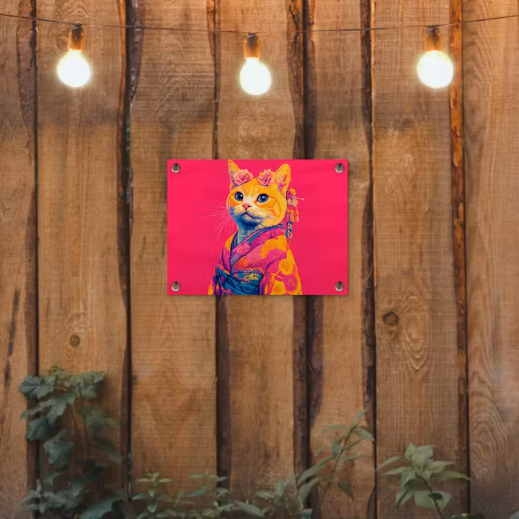 Kat - Kimono - Bloemen - Roze tuinposter los doek klein -sfeer1