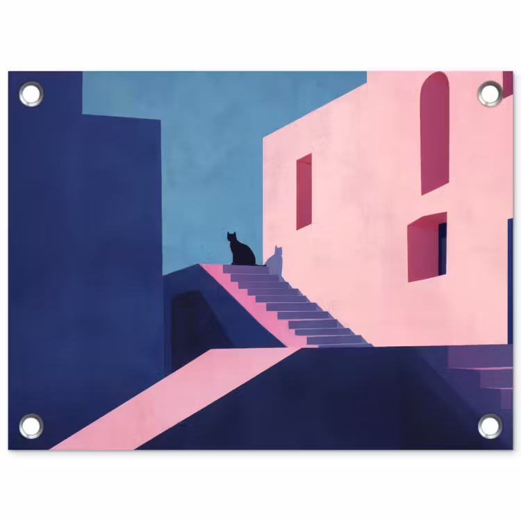 Kat - Trap - Gebouwen - Schaduwcontrasten tuinposter los doek klein -3d
