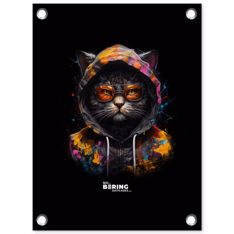 Kat met kleurrijk vest en oranje bril tuinposter los doek klein -3d