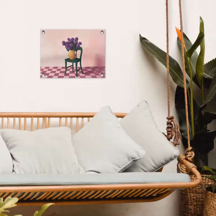 Stoel - Vaas - Bloemen - Geblokt tuinposter los doek klein -sfeer7