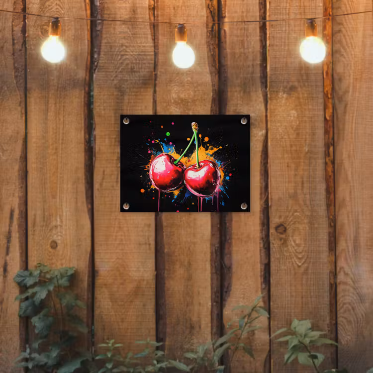 Kersen - Fruit - Graffiti - Verf - Abstract - Modern - Kleurrijk tuinposter los doek klein -sfeer1