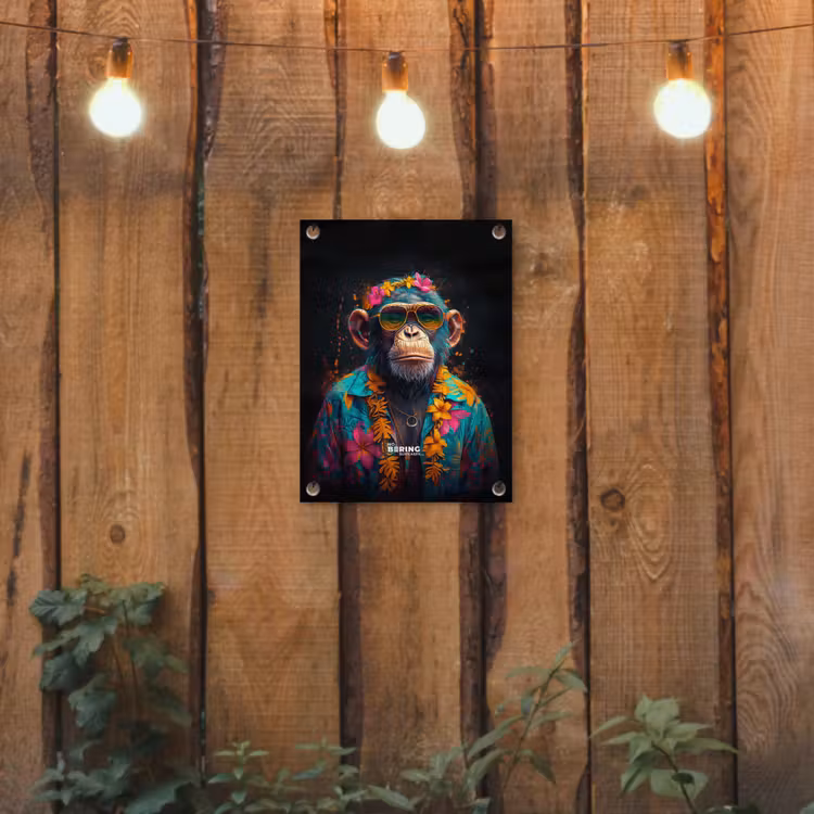 Chimpansee met Hawaii blouse tuinposter los doek klein -sfeer1