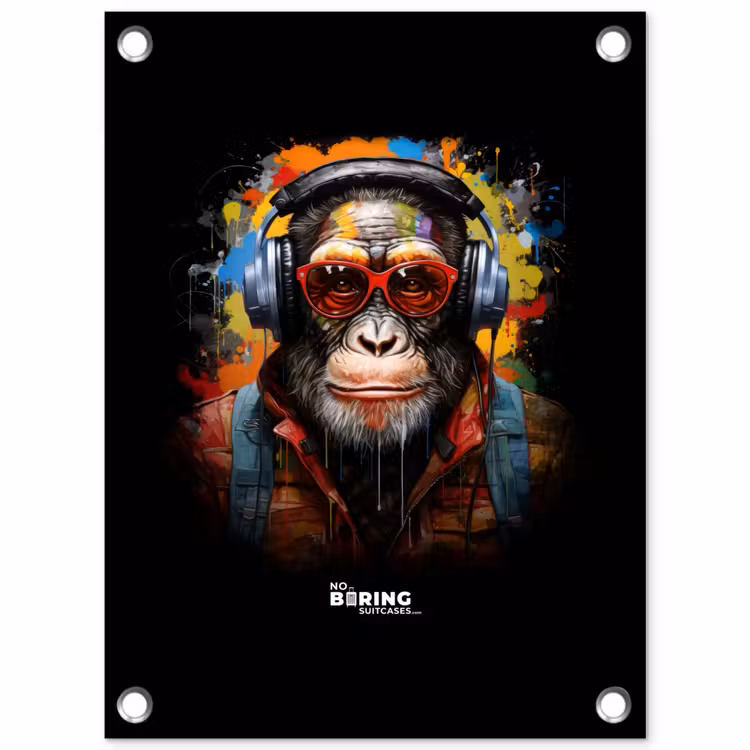 Chimpansee met koptelefoon en graffiti-spray tuinposter los doek klein -3d