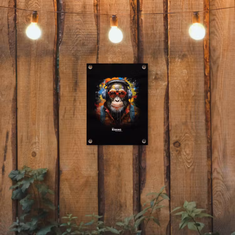 Chimpansee met koptelefoon en graffiti-spray tuinposter los doek klein -sfeer1