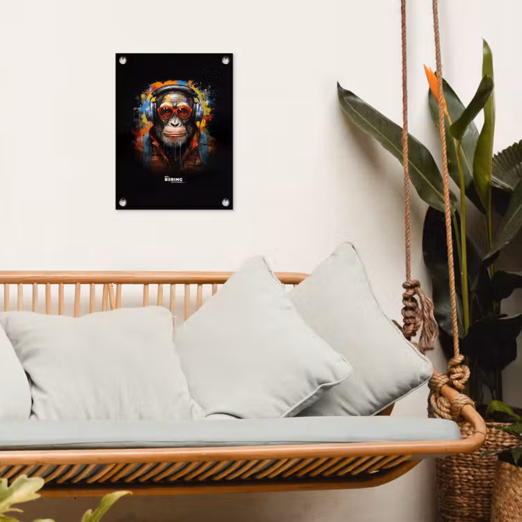 Chimpansee met koptelefoon en graffiti-spray tuinposter los doek klein -sfeer7