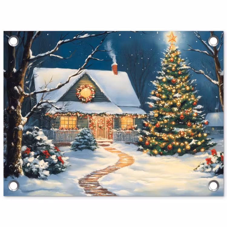 Kerst - Kerstboom - Winter - Huis - Sneeuw tuinposter los doek klein -3d