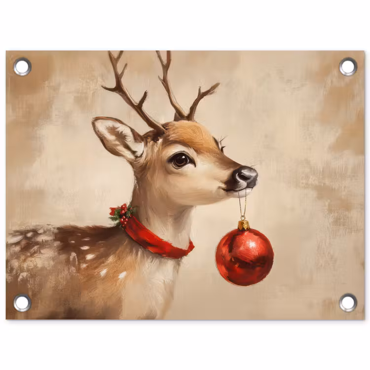 Kerst - Hert - Gewei - Kerstbal - Rendier tuinposter los doek klein -3d