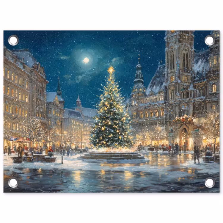 Kerstnacht - Stadsplein - Meerkleurig tuinposter los doek klein -3d