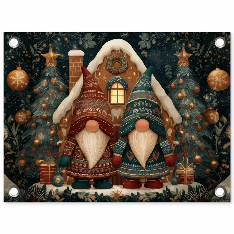 Kerst - Gnomen - Peperkoekhuisje - Rood - Groen tuinposter los doek klein -3d
