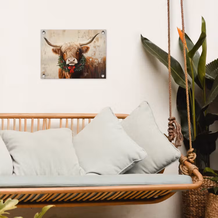 Kerst - Schotse Hooglander - Bruin - Krans tuinposter los doek klein -sfeer7