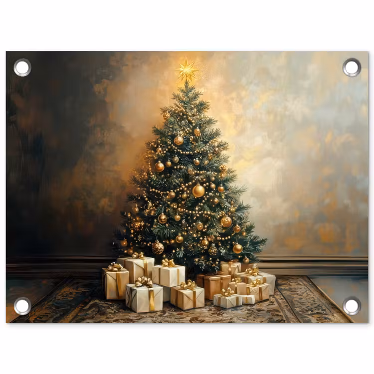 Kerstboom - Cadeaus - Goud tuinposter los doek klein -3d