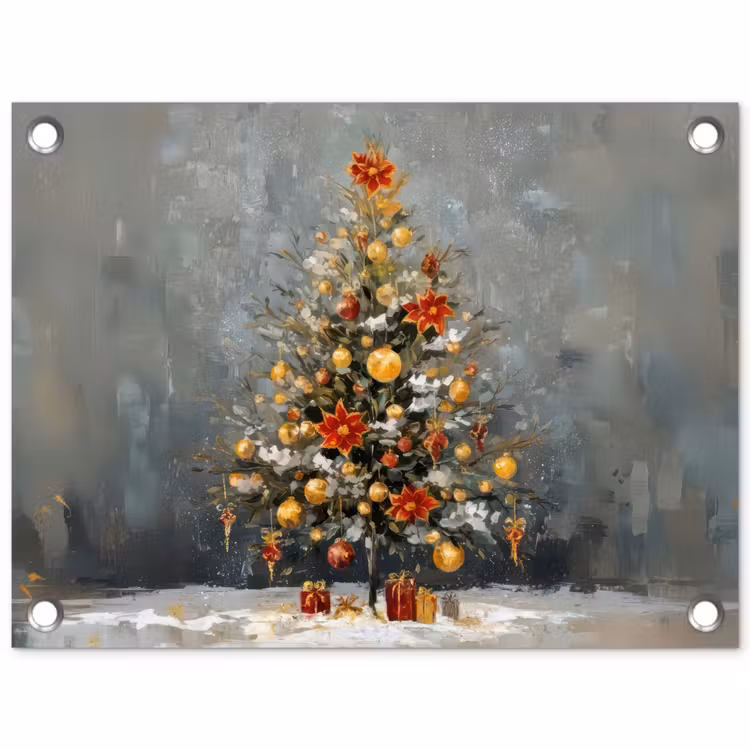 Kerstboom - Cadeaus - Rood - Goud tuinposter los doek klein -3d