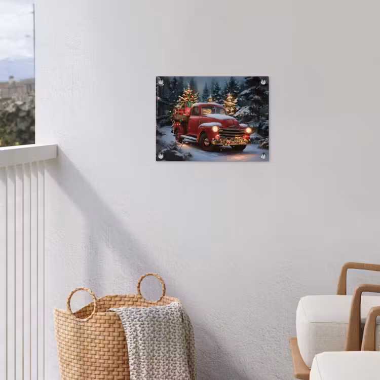 Kersttruck - Sneeuwbos - Rood tuinposter los doek klein -sfeer8