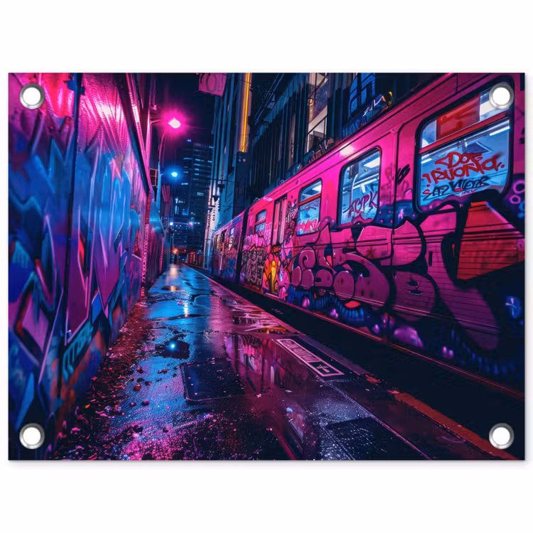Stad - Neon - Nacht - Roze - Graffiti tuinposter los doek klein -3d