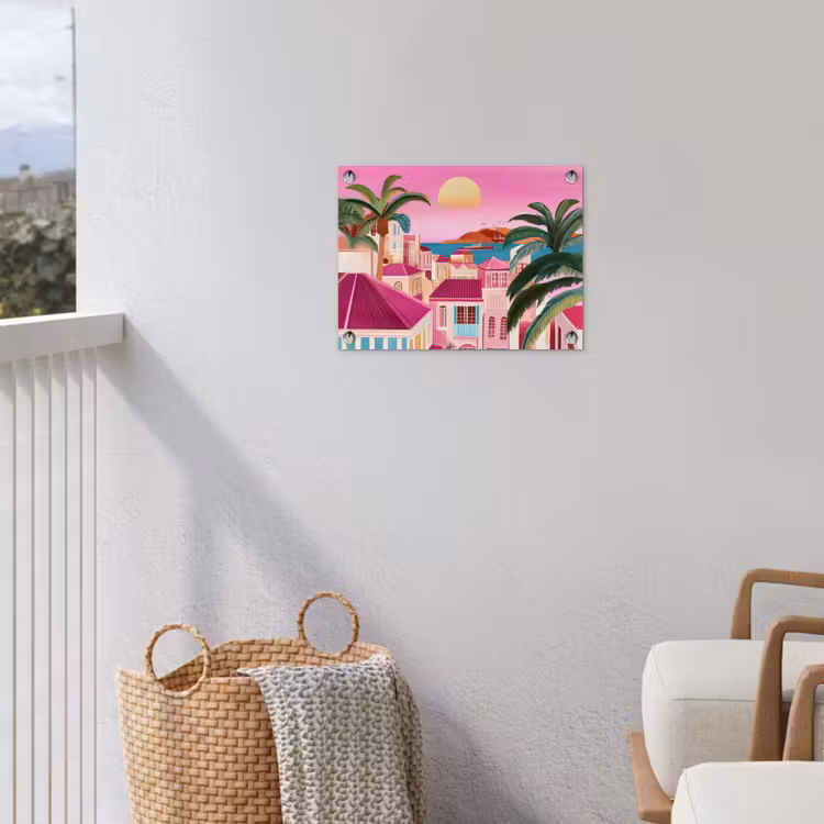 Stad - Roze - Palmbomen tuinposter los doek klein -sfeer8