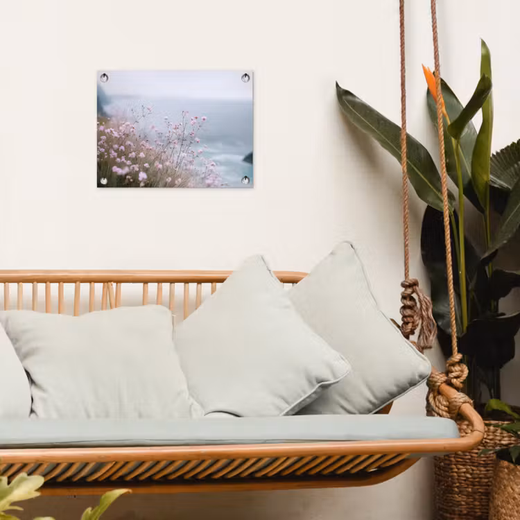 Klif - Bloemen - Zee - Roze tuinposter los doek klein -sfeer7