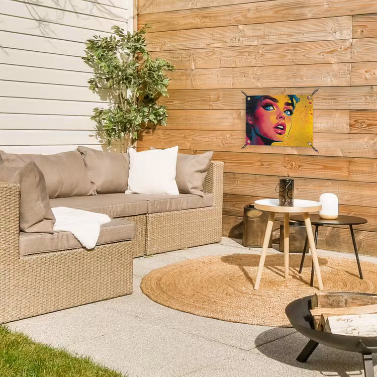 Close-up - Vrouwengezicht - Stippen - Geel tuinposter los doek klein -sfeer4