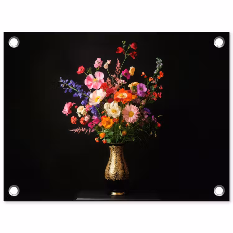 Kleurrijk - Boeket - Vaas - Goud tuinposter los doek klein -3d