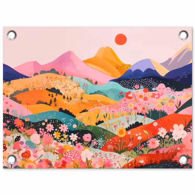 Kleurrijke bloemen - Bergen - Fantasielandschap tuinposter los doek klein -3d