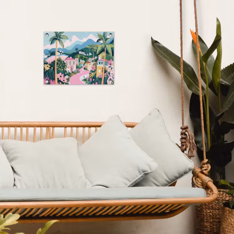 Kleurrijk - Huizen - Heuvels - Roze tuinposter los doek klein -sfeer7