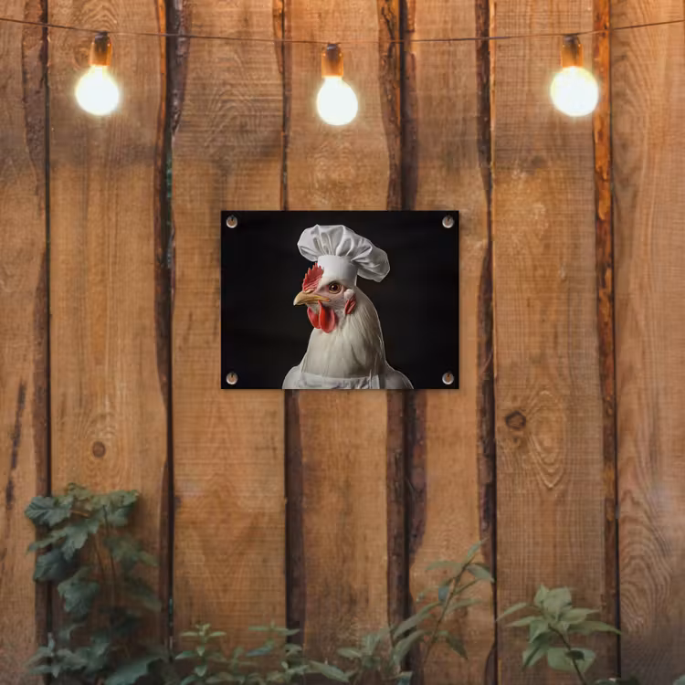 Kok - Rood - Kip tuinposter los doek klein -sfeer1