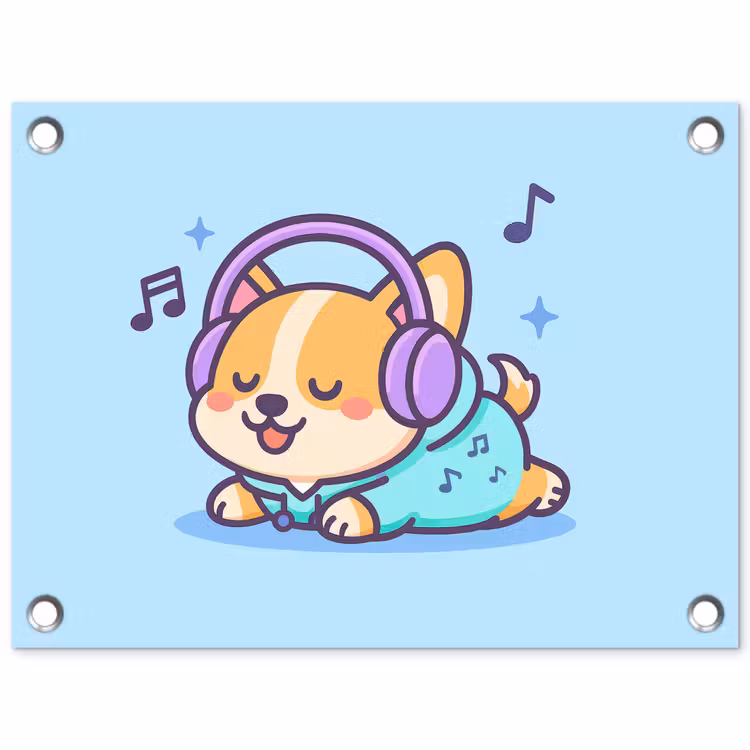 Corgi - Koptelefoon - Blauw - Muzieknoten tuinposter los doek klein -3d