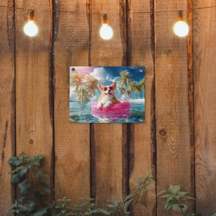 Corgi - Zwemband - Roze - Zonnebril tuinposter los doek klein -sfeer1