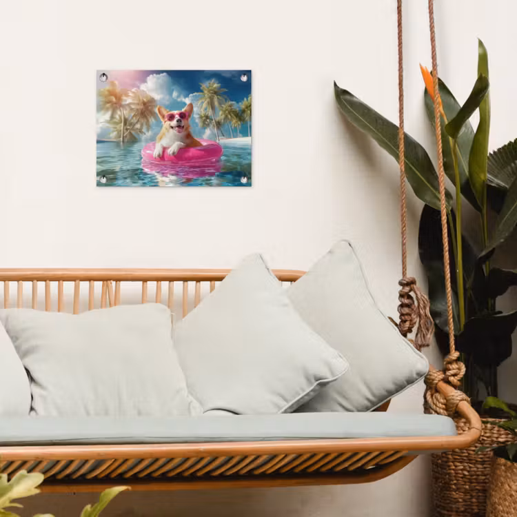 Corgi - Zwemband - Roze - Zonnebril tuinposter los doek klein -sfeer7