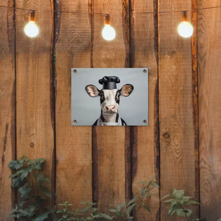 Koe - Zwart - Wit - Kok tuinposter los doek klein -sfeer1