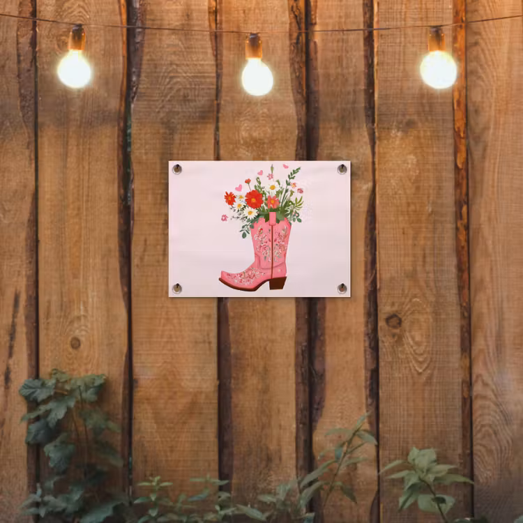 Cowboylaarzen - Roze - Boeket - Bloemen tuinposter los doek klein -sfeer1