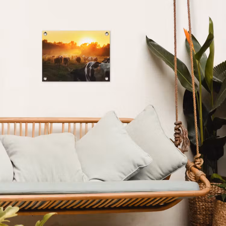 Koeien - Zonsondergang - Weiland - Dieren tuinposter los doek klein -sfeer7